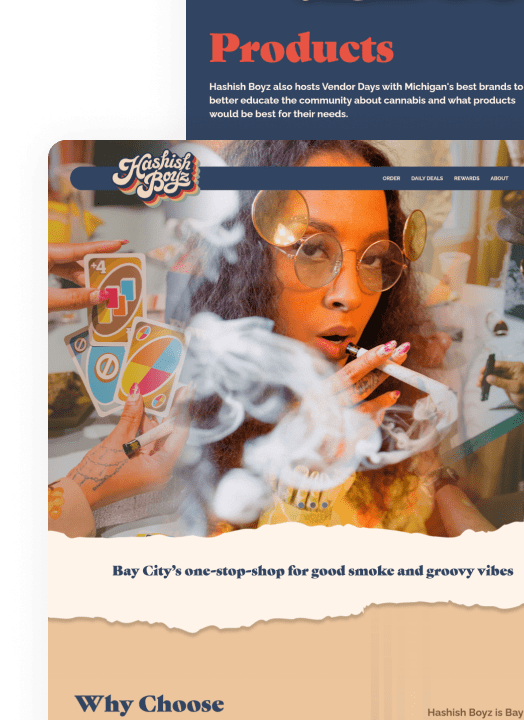 Website design seen in mobile view. Made for Hashish Boyz